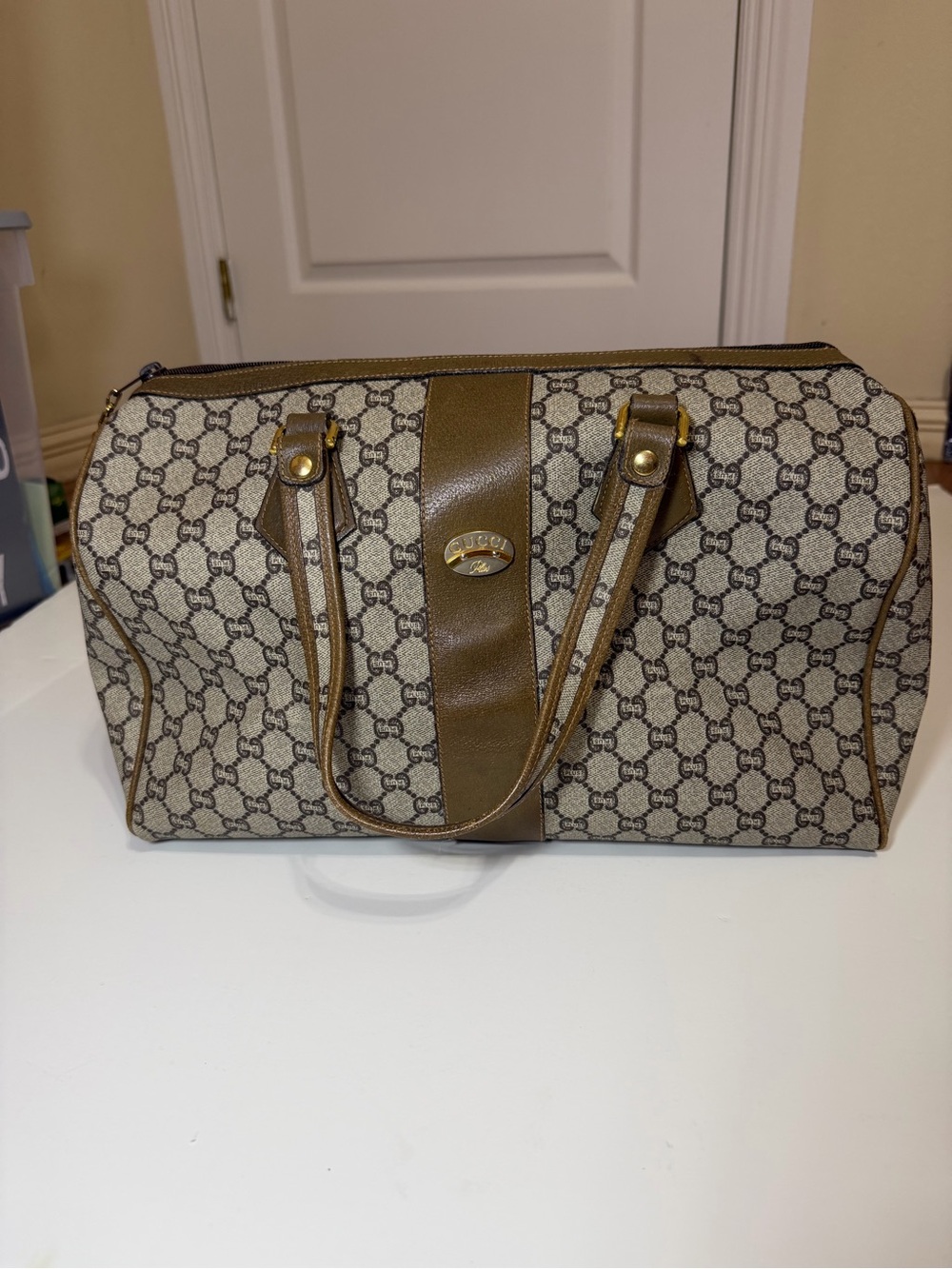 Vintage Gucci Plus GG Monogram Boston Bag Beige Brown Leather